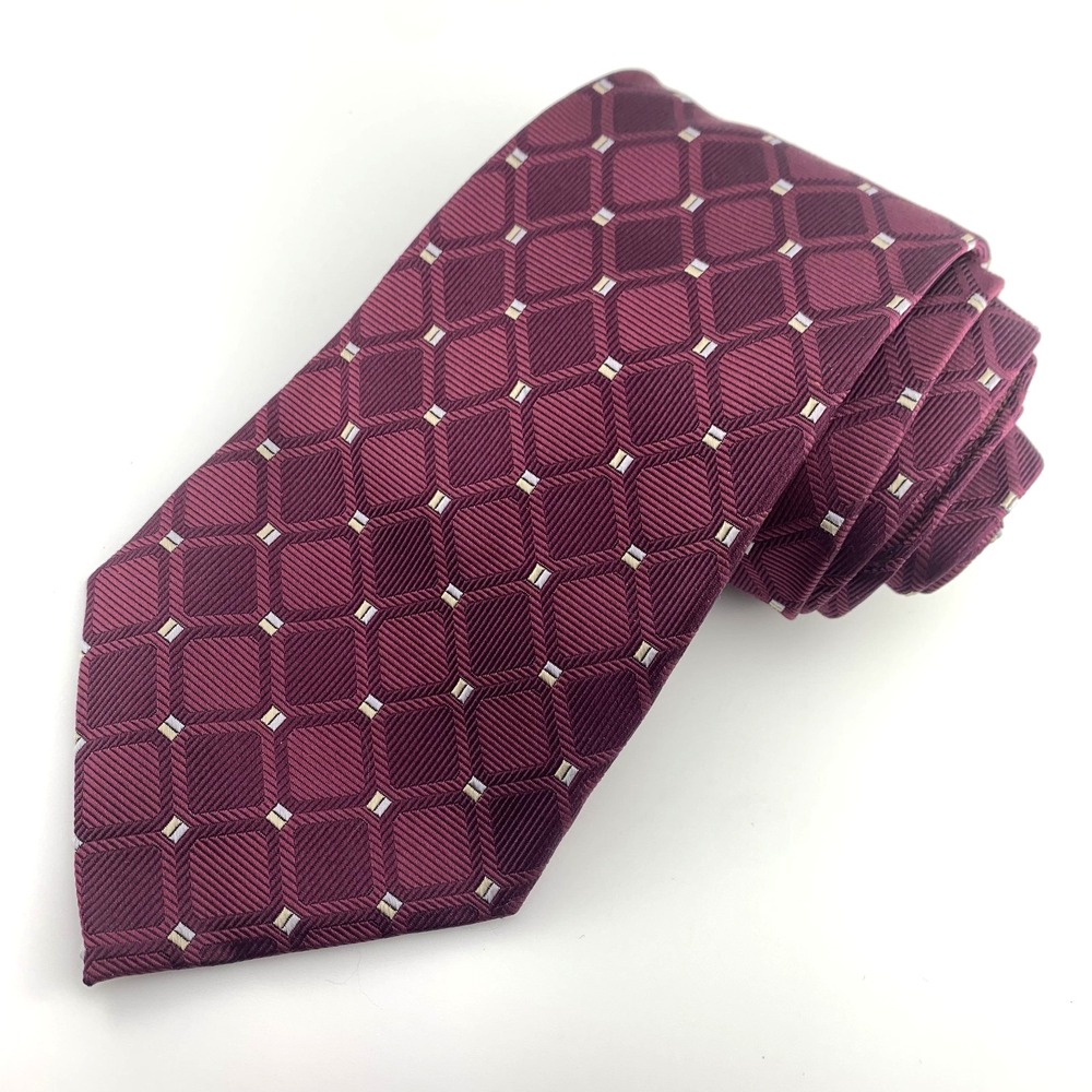 Tasso Elba SPA Mens Tie Burgundy‎ & Taupe Geometric Repp 100% Silk Necktie